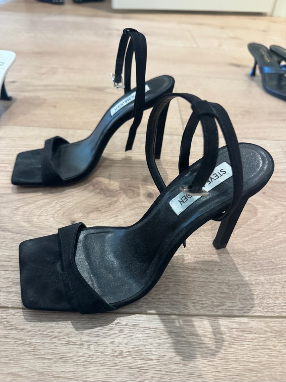 Steve Madden Black Strappy Square-Toe Heels with Ankle Tie